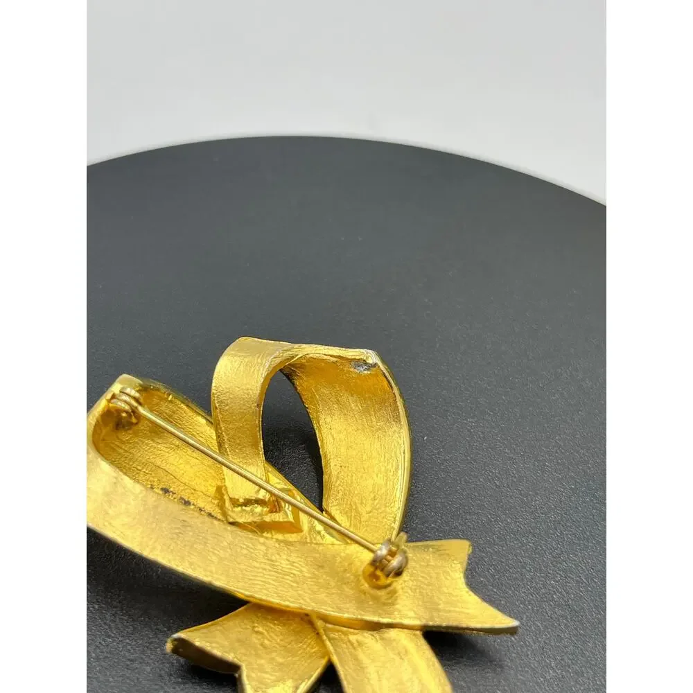 Vintage Gold‎ Tone Rhinestone Double Ribbon Brooch Pin Unbranded